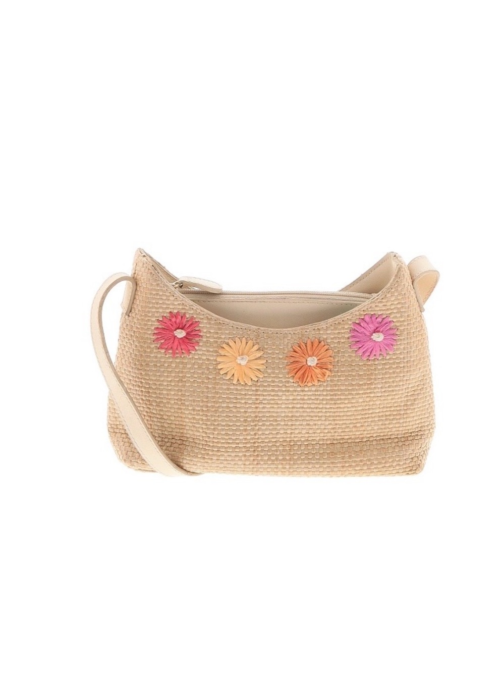 Etienne Aigner Beige Straw Bag with Pink and Orange Floral Appliqués